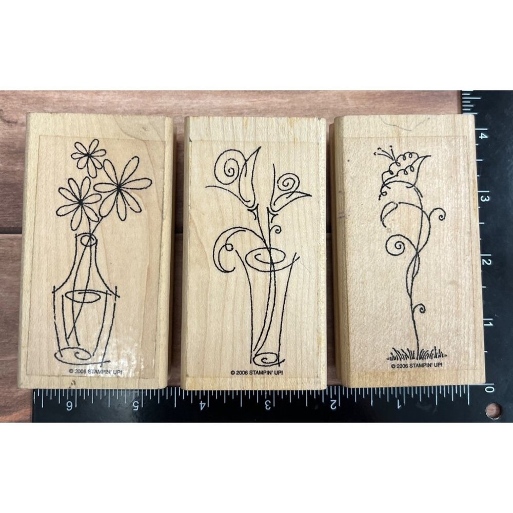 Stampin Up! 2006 Sassy Stems Wood Mounted Rubber Stamp Set Of 3 Floral Designs
